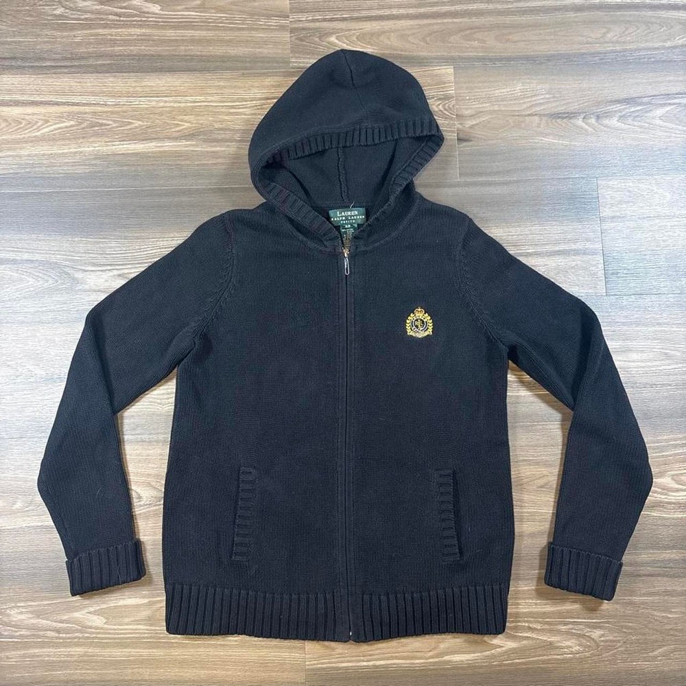 Ralph Lauren black cotton zip up hoodie with embroidered logo, size S #preppy